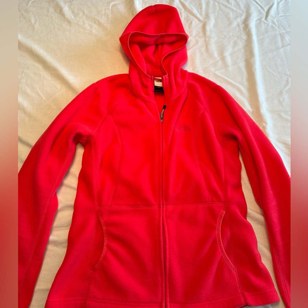 The. North Face. Bright coral fleece zip front, hooded jacket.
